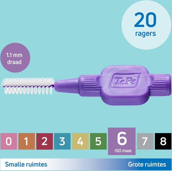 TePe Interdentale Ragers Original Paars ISO maat 6 – 1,1 mm (20 stuks)